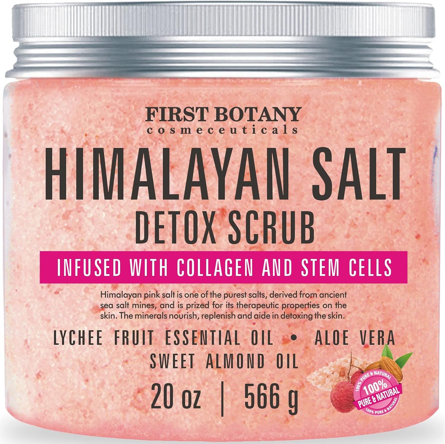 First Botany Himalayan Salt Body Scrub with Collagen & Stem Cells, Natural Exfoliating Salt Scrub Body & Face Souffle (20 oz)