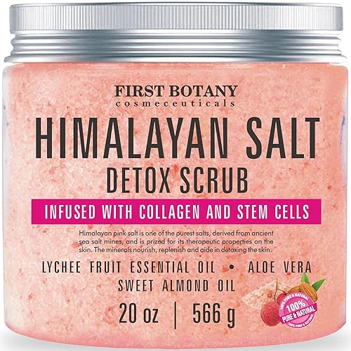 First Botany - Exfoliante corporal de sal del Himalaya con colágeno y células madre, exfoliante natural para el cuerpo y la cara en forma de soufflé
