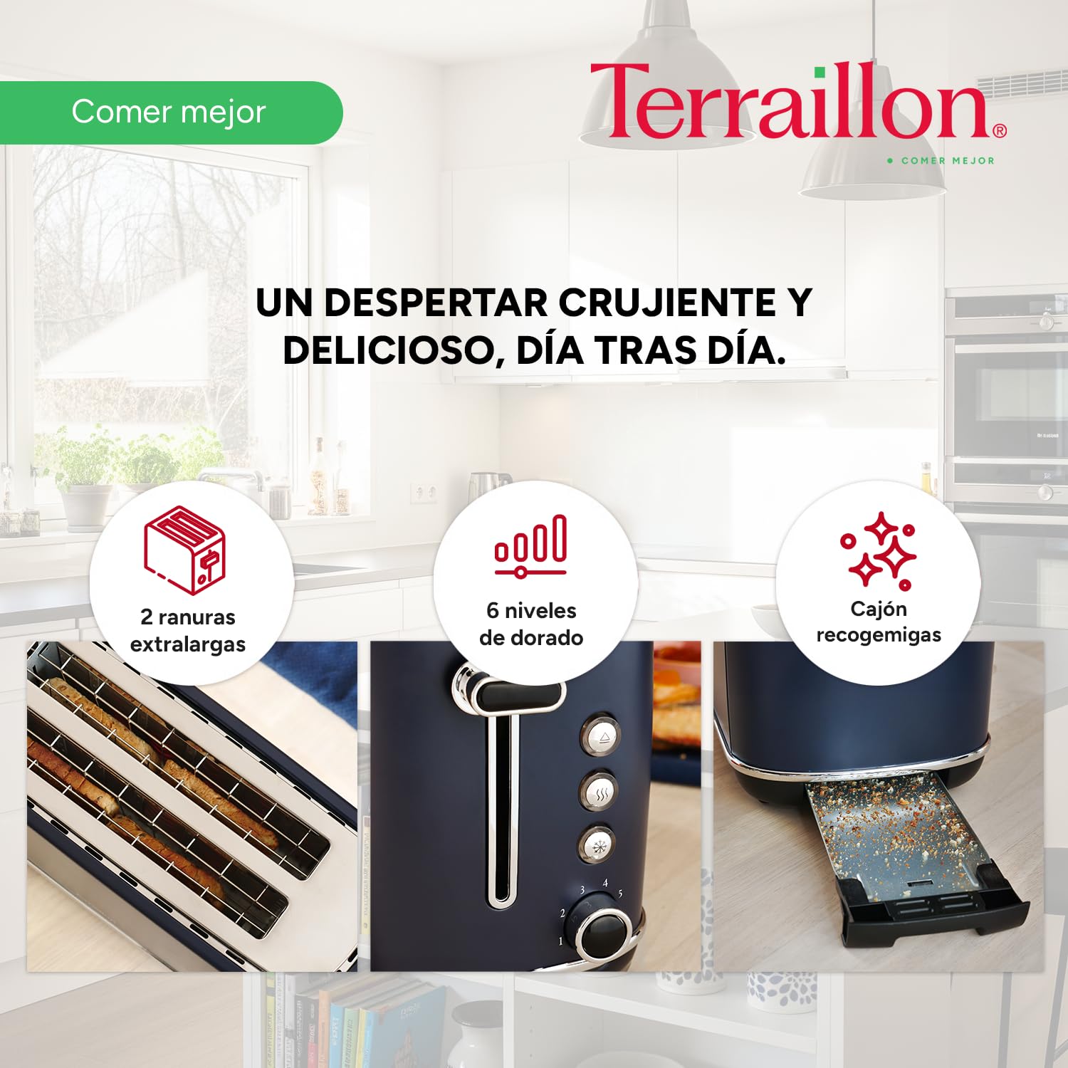 TERRAILLON - NEW MOON- Tostadora de pan largo, 2 ranuras extra anchas, 6 niveles de potencia (1550W) - Descongelación, calentamiento, apagado automático, cajón recoge migas, cuerpo de acero inoxidable