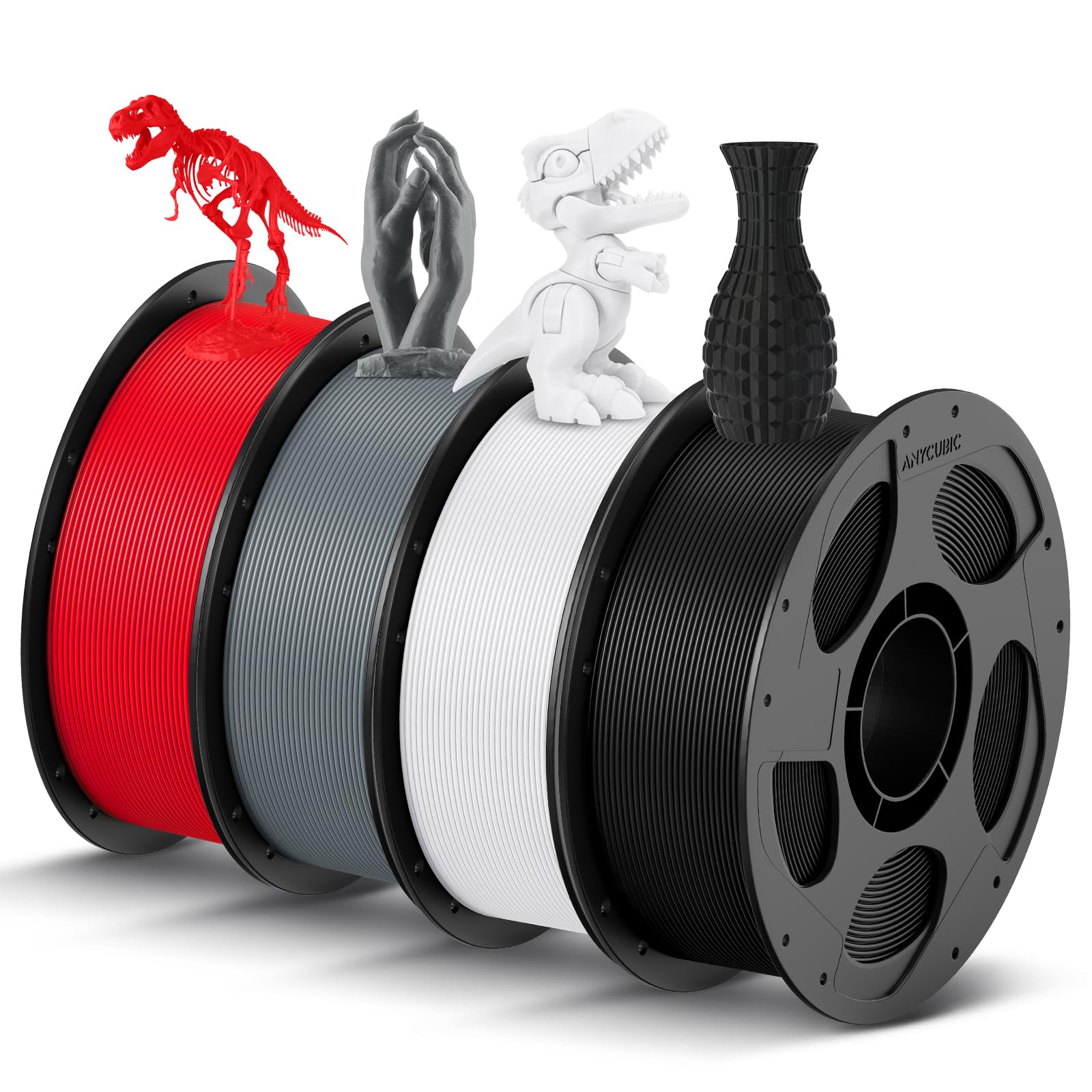 ANYCUBIC Filamento PLA 1,75 mm, Filamento PLA per Stampante 3D, Confezione Sottovuoto, Identificazione Intelligente per Stampa Intelligente, Nero+Bianco+Grigio+Rosso, 4KG