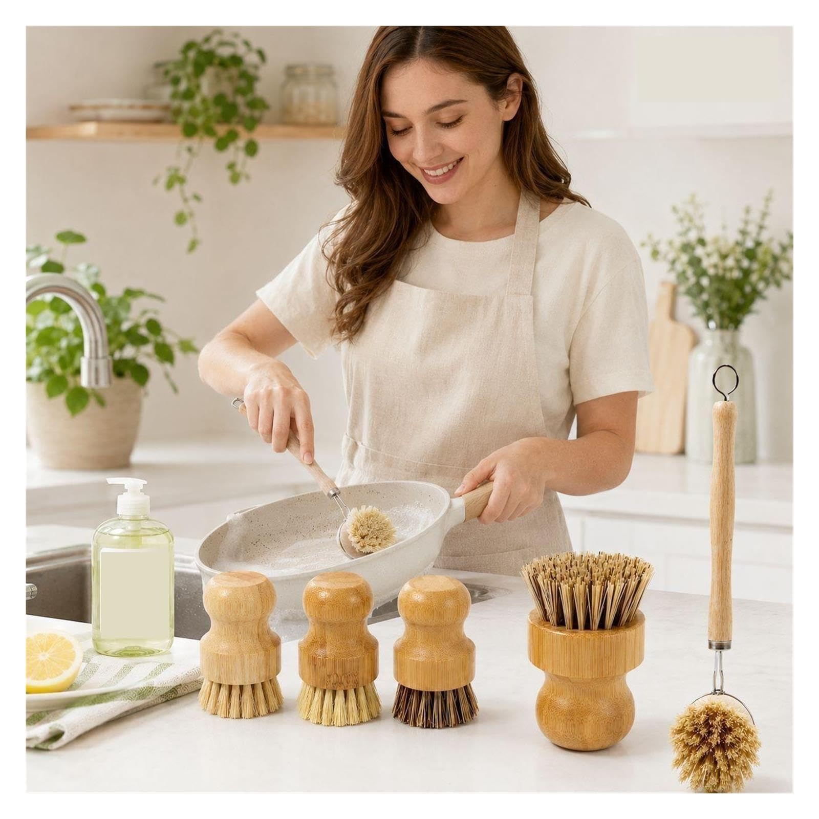 1 Set of Beech Wood Pot Brushes with Long and Short Handles pour Cuisine