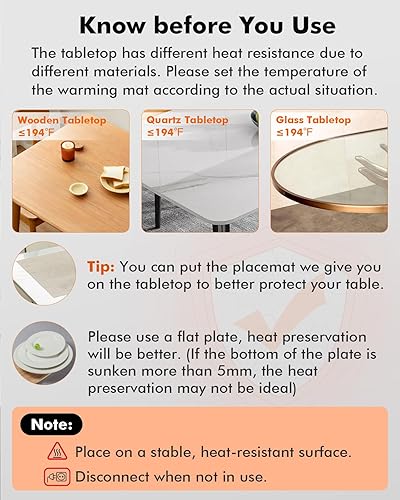 Miniatura 8 de Tapete de calentamiento para alimentos, calentador eléctrico de alimentos de calentamiento rápido con 9 niveles de temperatura y temporizador de 6