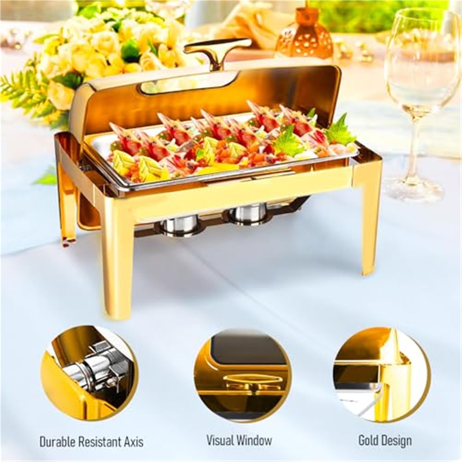 Set da Buffet con scaldavivande da 9 Litri con teglia in Acciaio Inox, teglia per l'acqua, Coperchio, Telaio e bruciatori a combustibile per Catering e Matrimoni.,A-60 * 40 * 47 cm