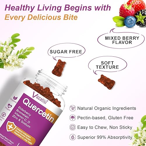 Miniatura 5 de Gomitas de quercetina, quercetina orgánica con vitamina C y zinc, bromelina, saúco y vitamina D, apoyo inmunológico, adultos y niños, mujeres y