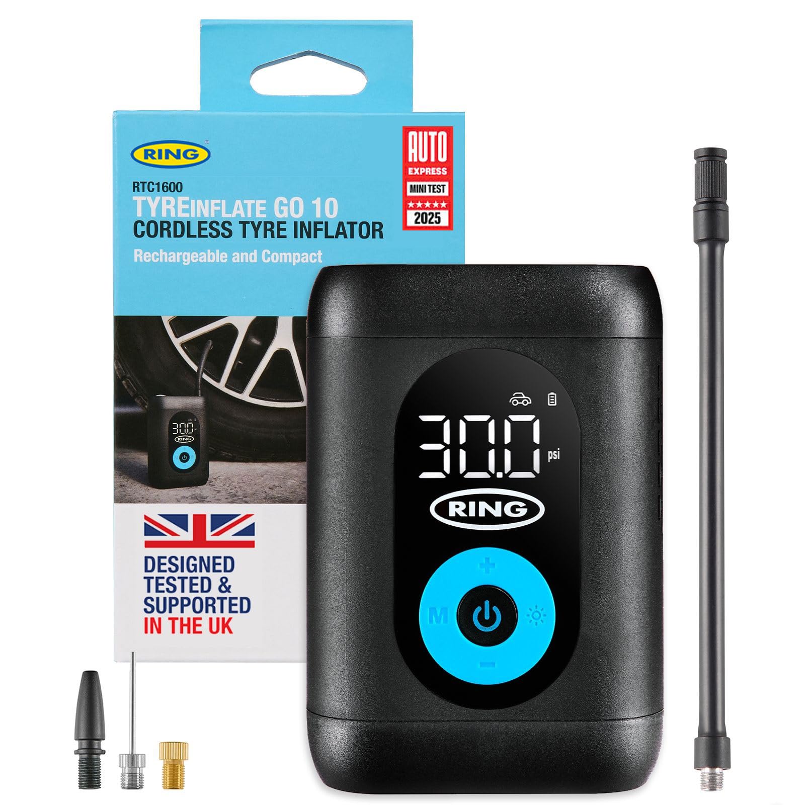 RING TYREINFLATE GO 10 Compact Cordless Tyre Inflator Air Compressor with Three Piece Adaptor Kit - Measures in PSI, BAR and kPA