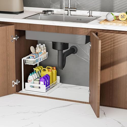 Miniatura 6 de Organizadores y almacenamiento para debajo del fregadero de 2 niveles, organizador de gabinete de cocina deslizante resistente de metal para