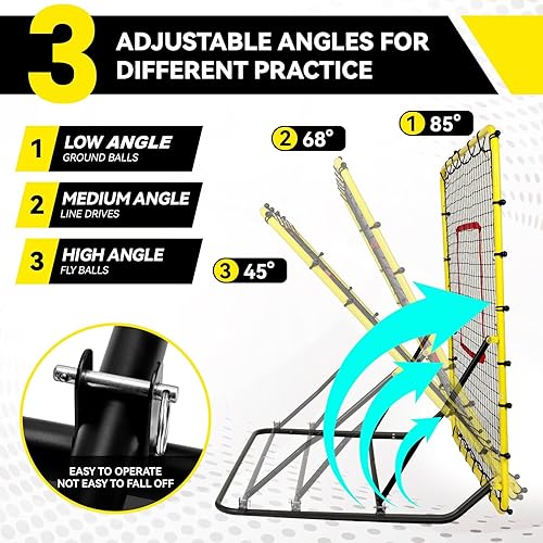 Miniatura 4 de Red de rebote de béisbol de 48 x 52 pulgadas con 3 ángulos ajustables, anti-UV, fácil almacenamiento, entrenador de campo de béisbol con 4 estacas,