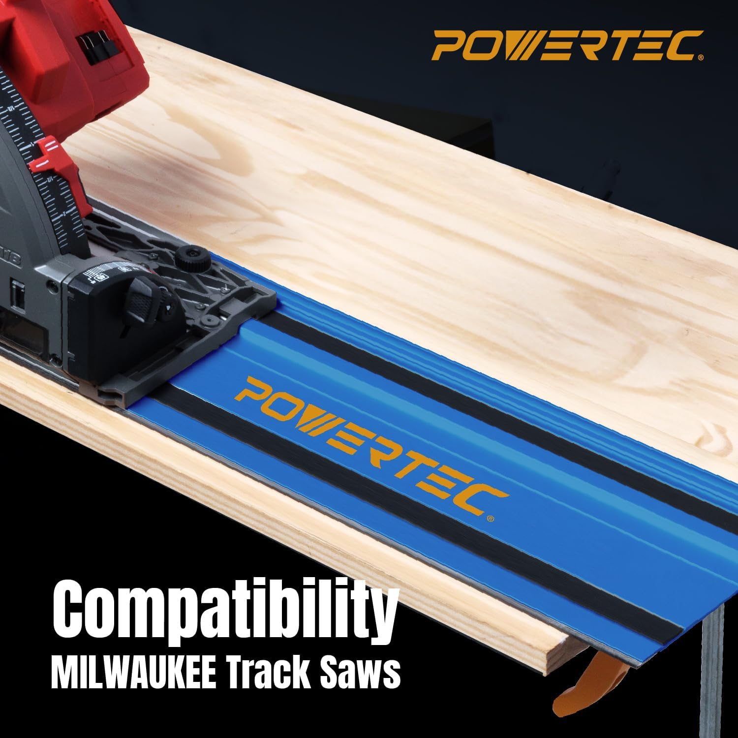 POWERTEC 72154 110" Track Saw Guide Rail Joining Set with Protective Bag for Milwaukee Track Saws | Includes 2x55" Guide Rails and (2) Guide Rail Connectors for Woodworking Projects