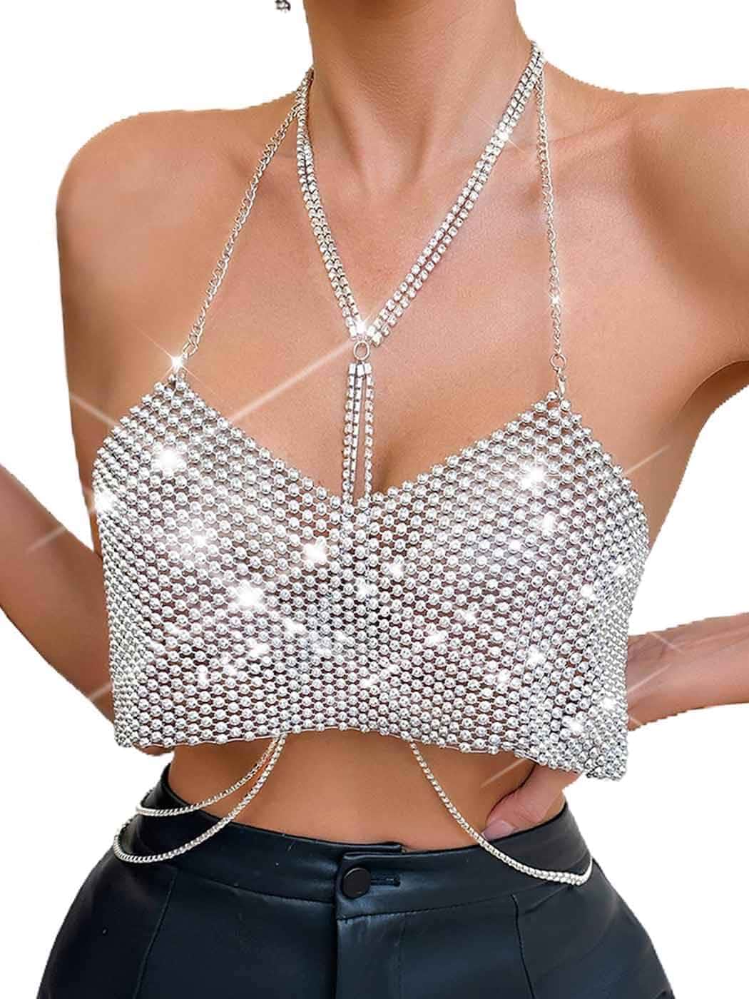 BODIY Women Sparkly Rhinestone Halter Crop Top Silver Body Chain Tops Disco Club Bikini Bra Tank Top