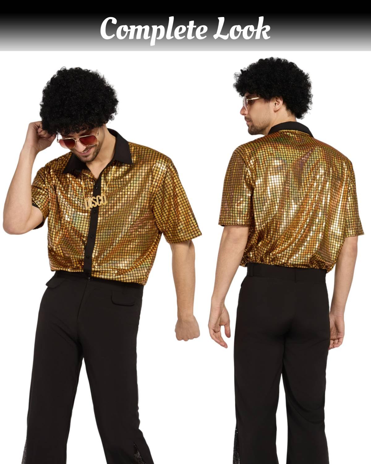 minkasic 70s Fancy Dress Mens 5PCS 70s Shirts for Men with Disco Accessories Wig Sunglasses, Fake Beard Disco Necklace - Image 3