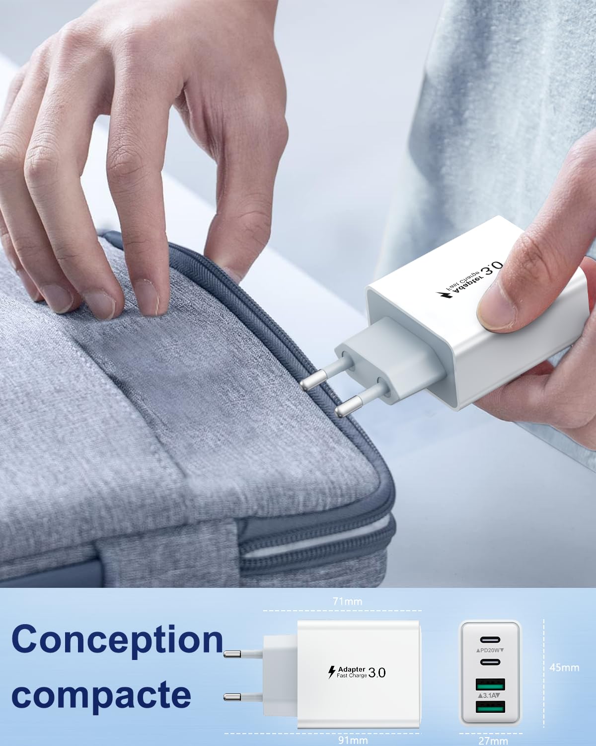 Chargeur USB C 40W 4 Port Prise Rapide Secteur PD QC 3.1A Adaptateur pour iPhone Samsung Galaxy iPad