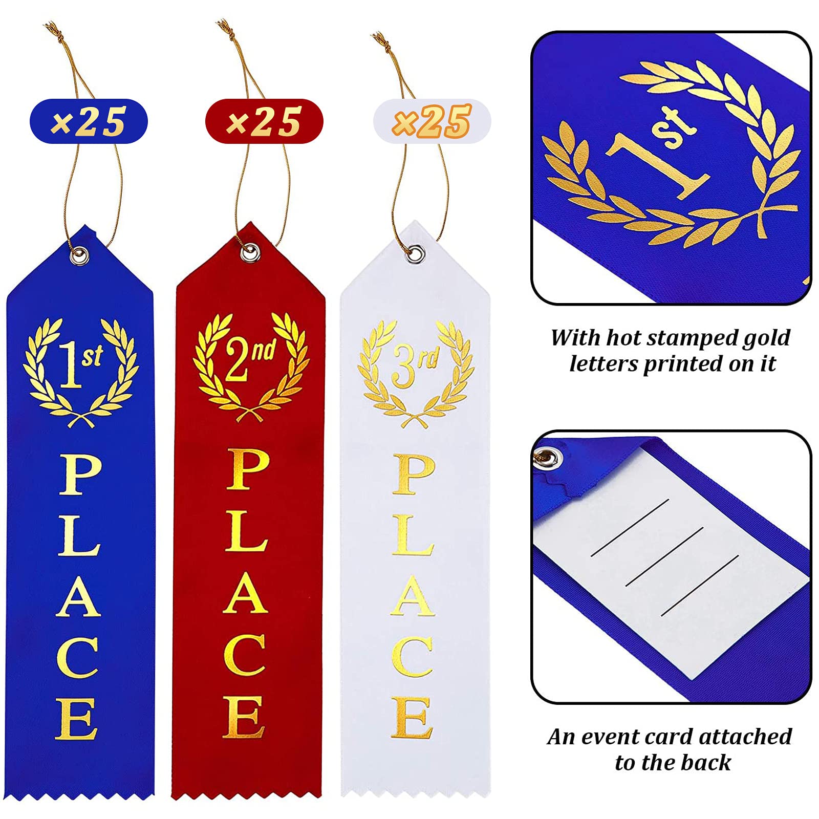 75 Pieces Award Ribbons 1st, 2nd, 3rd Place Flat Carded Set First Place Prizes with Event Card and Rope for Competition, Sports Event, School, Contests, Blue Red White - Image 3