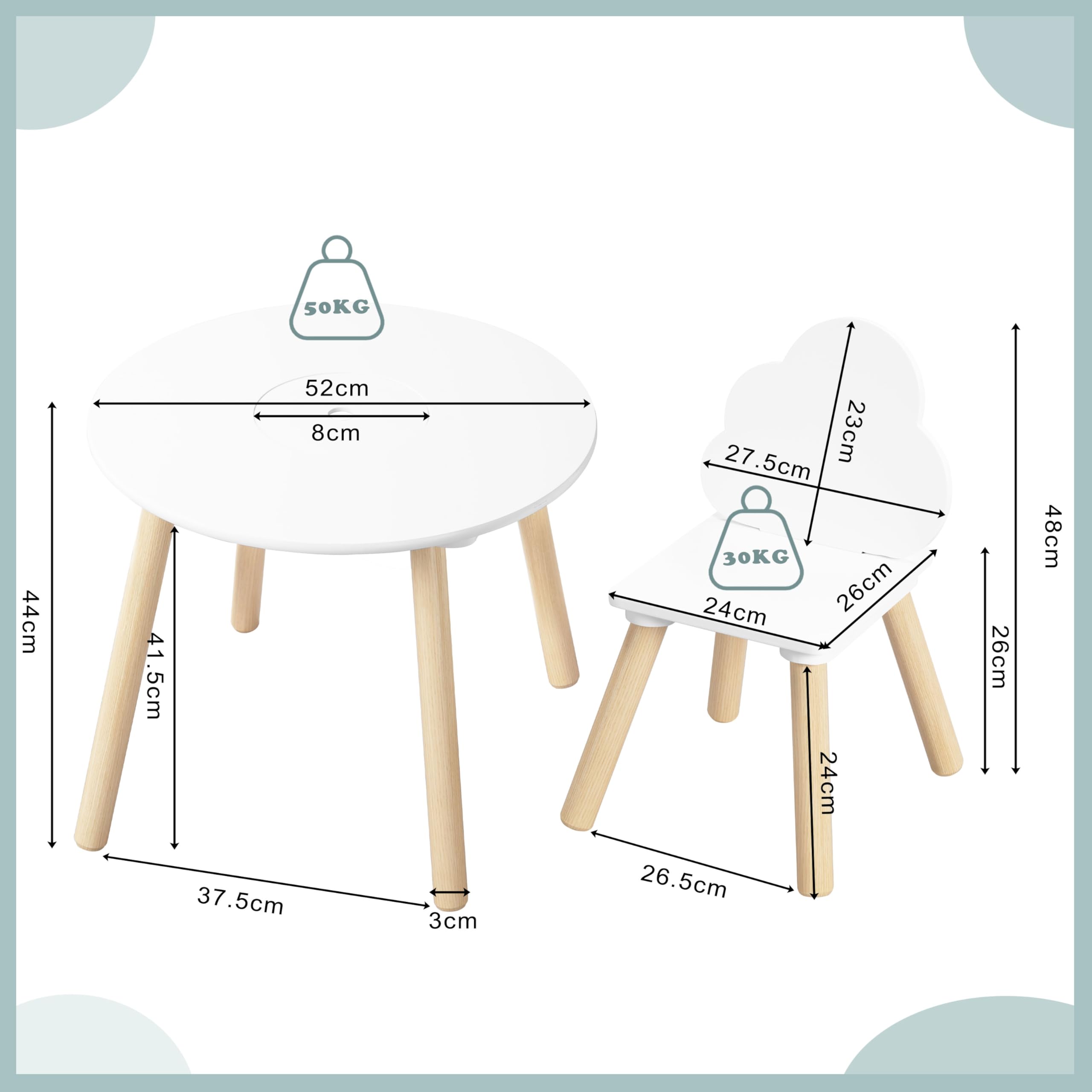WOLTU Kindertisch mit 2 Stühlen, 3tlg. Kindersitzgruppe, Kinder Tisch Stuhl Set mit Stauraum Netztasche, Kinderstuhl mit Wolken-Rückenlehne, für klein Kinder Vorschüler