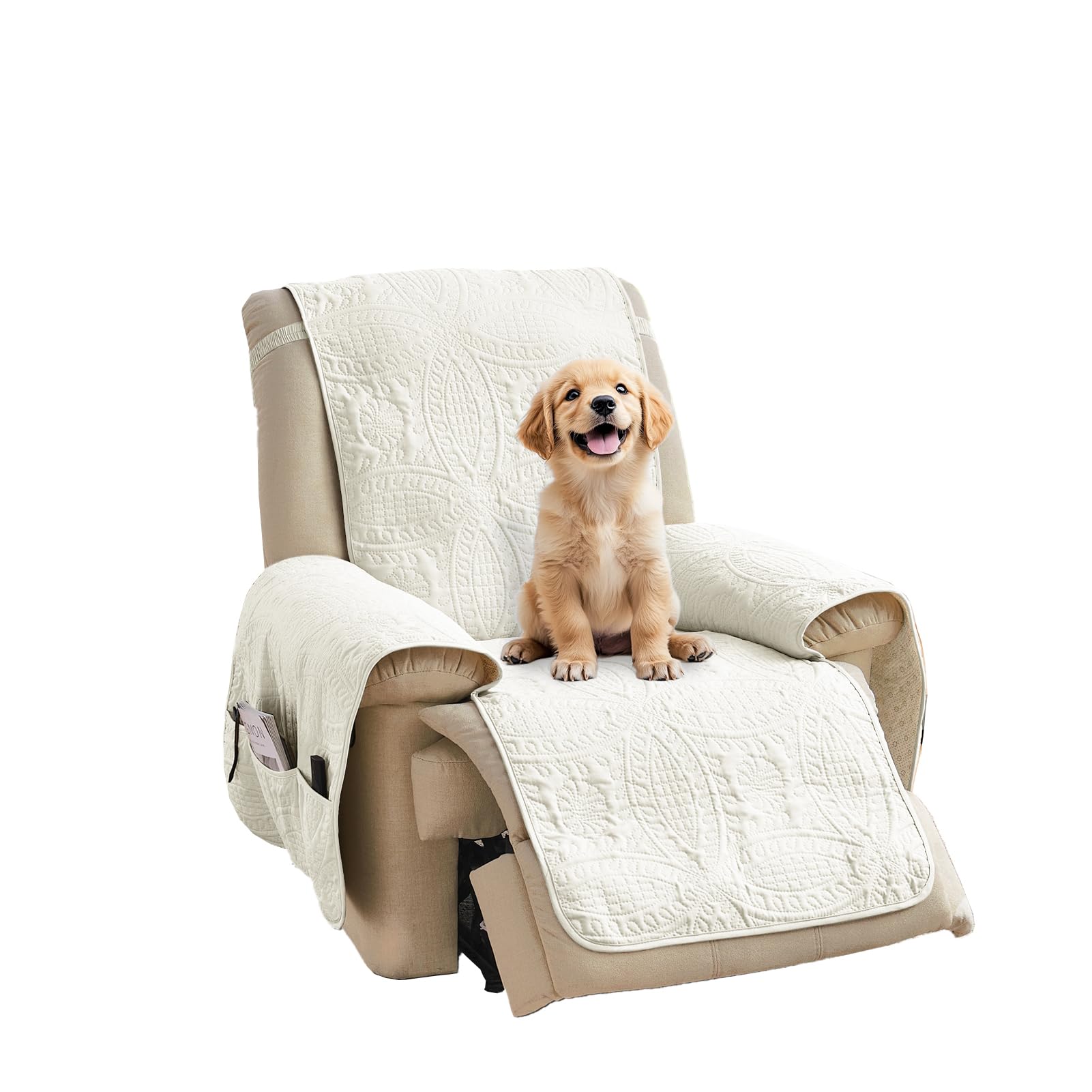 Quilted Recliner Chair Covers, Water-Repellent Slipcovers, Off White Recliner Covers Stay in Place, Pet Friendly ReclinerCover for Dogs, Washable Chair Covers (Recliner 22", Ivory White)