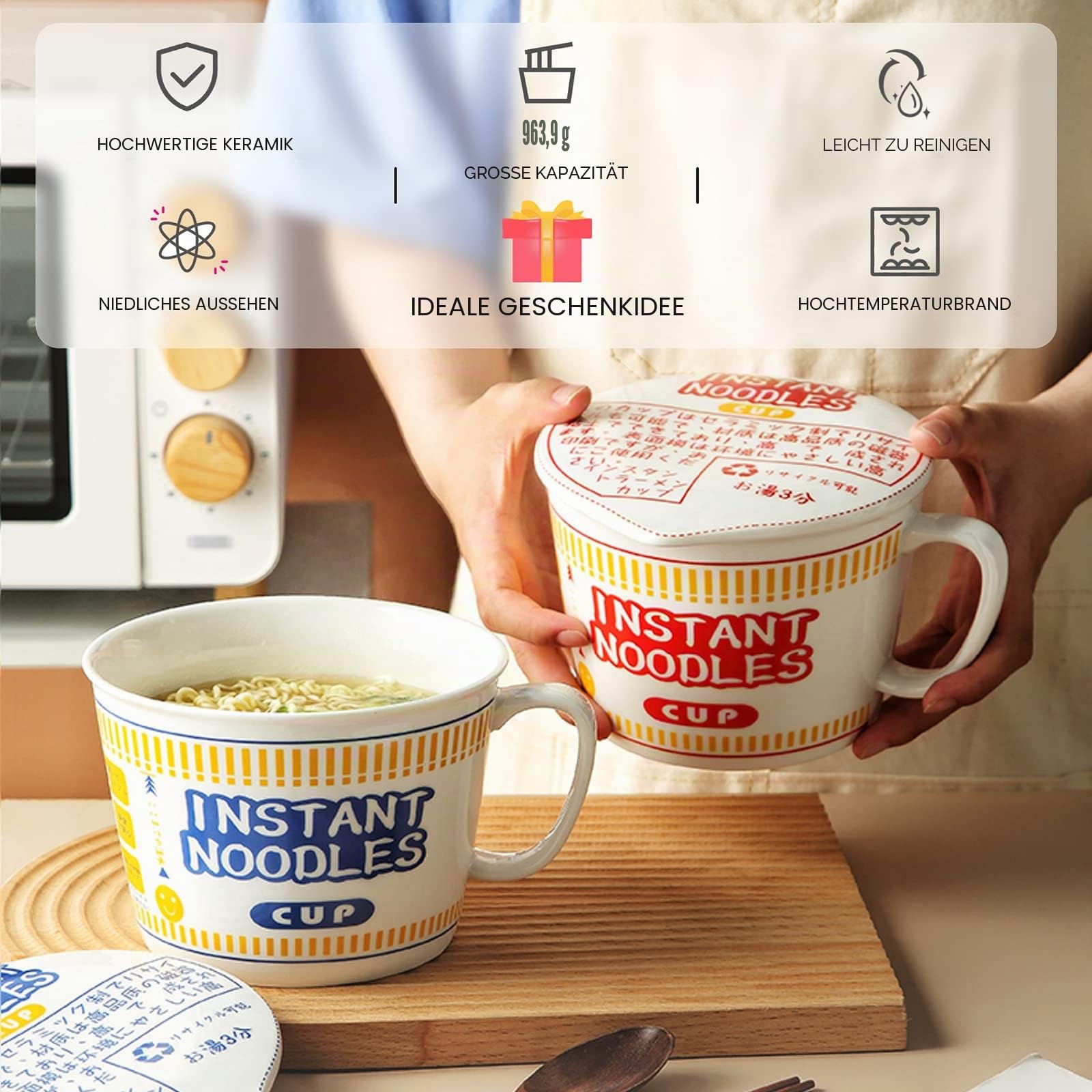 Ramen Schüssel mit Deckel Groß Instant Nudeln Ramen Bowl Keramik Suppenschüssel mit Deckel und Griff (Rot, 1000ml)