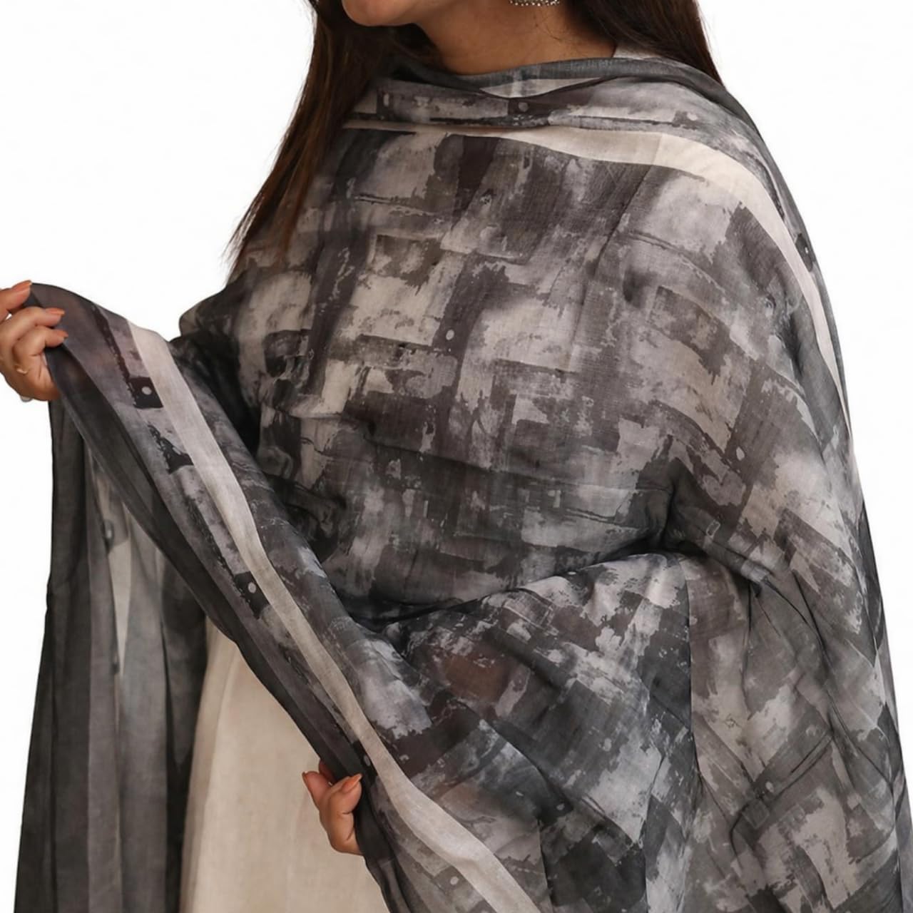 Digital Printed Dark Grey Chanderi Dupatta with Handcrafted Tassels | Lightweight & Elegant Dupatta for Women Pure Solid Cotton Stole-image-32