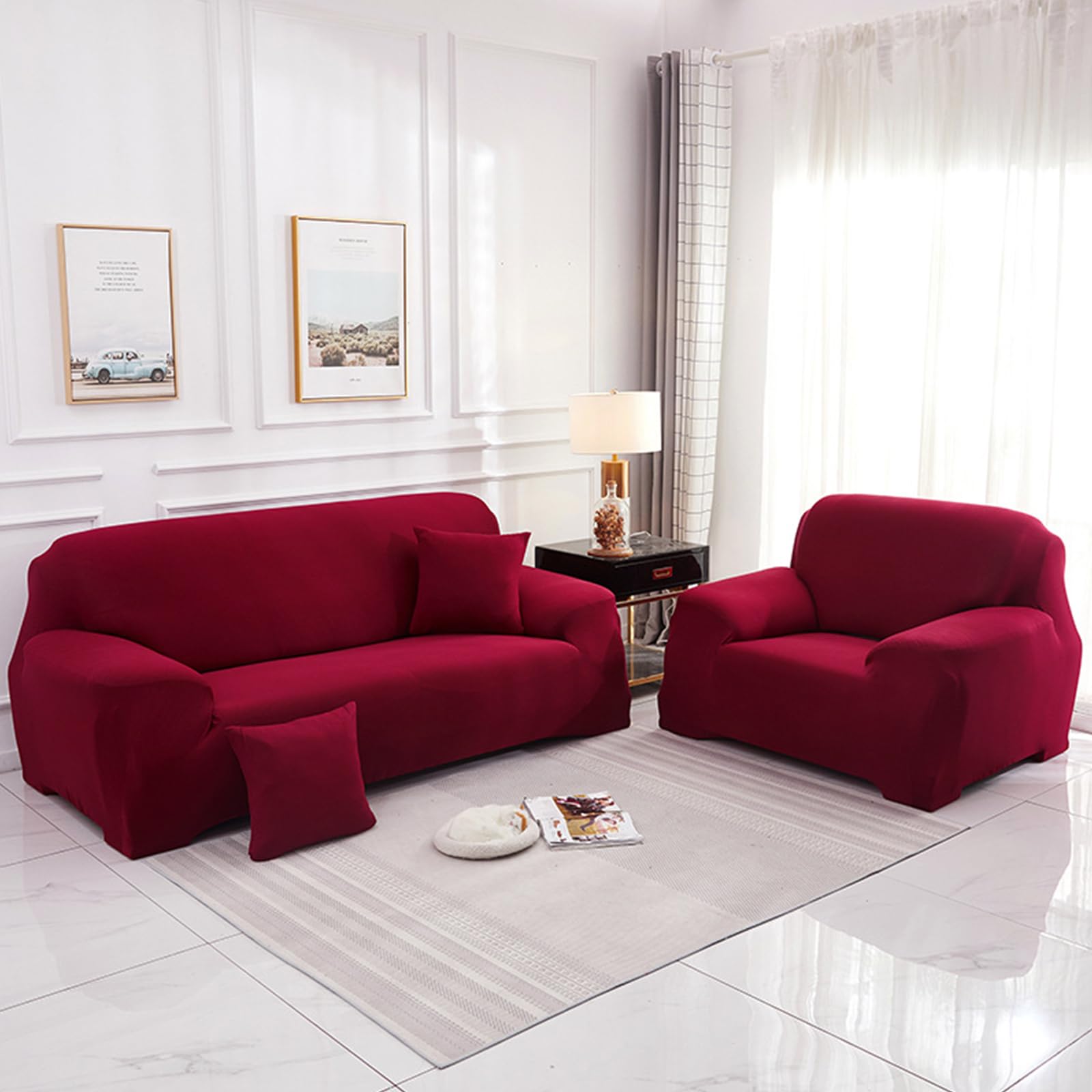 Funda Sofa, Suave y Flexible Funda Sofa, Monocromo Fundas Sofas 3 y 2 Plazas Ajustables, Universal para familias Cubre Sofa, Protector Sofa con Brazos (1-Seater,Rojo)