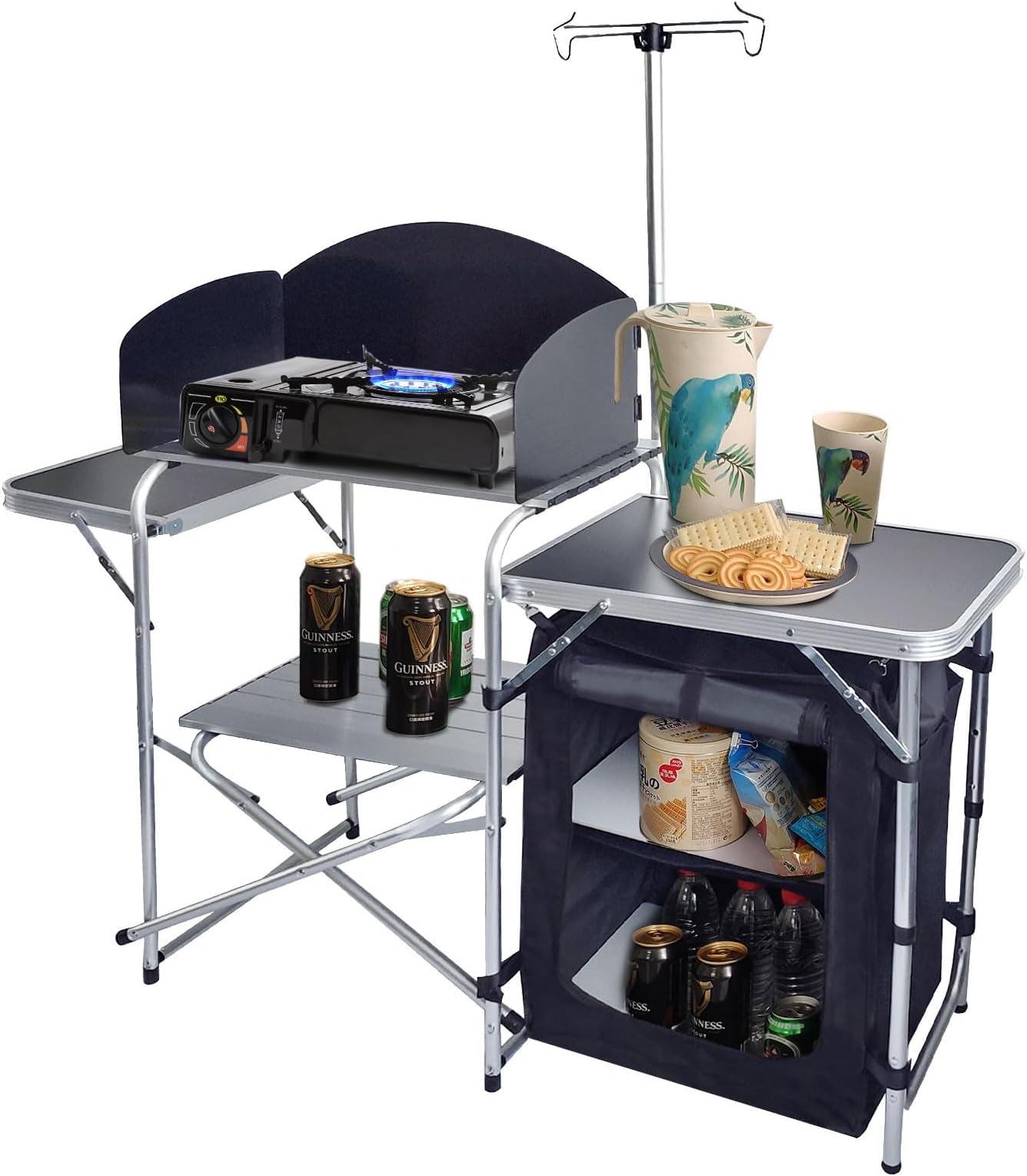 CampLand Folding Cooking Table Outdoor Portable Cook Station Aluminum Camping Kitchen with Storage Organizer, Windscreen, Hooks for BBQ, Party (Black)
