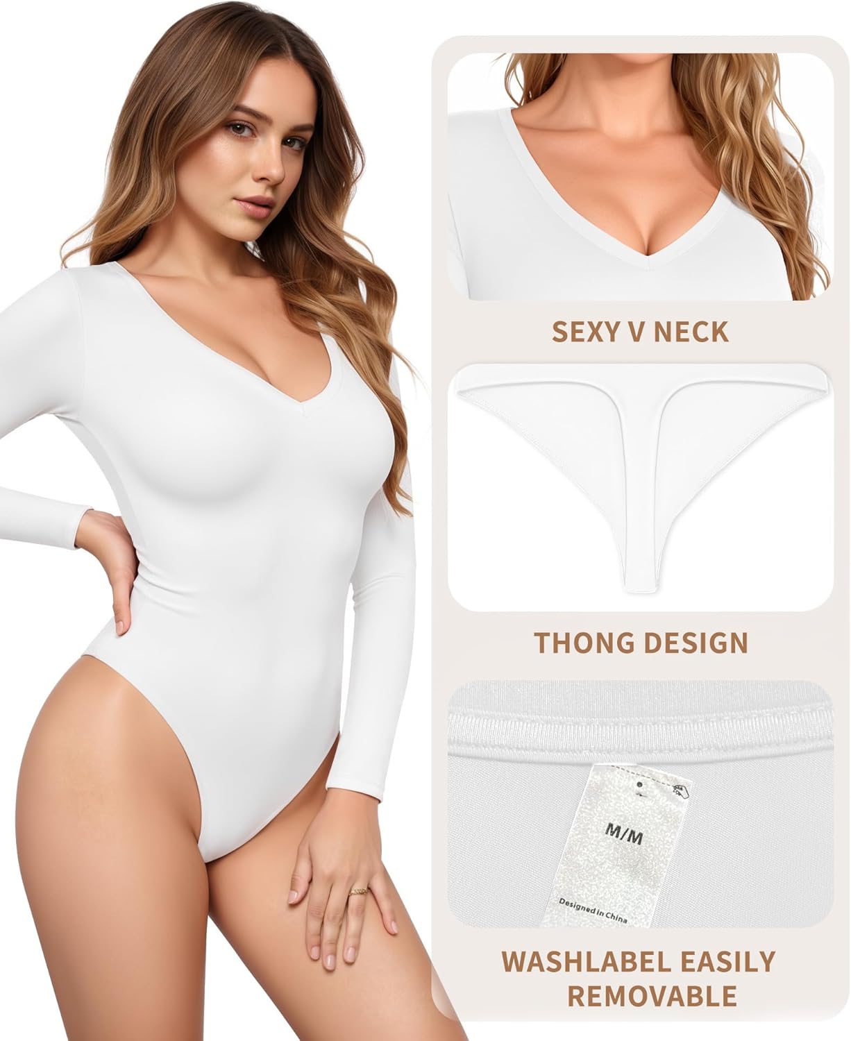 Womens Long Sleeve Body Suits V Neck Thong Bodysuit Shirts Sexy Fall Going Out Tops Y2K 2025 - Image 4