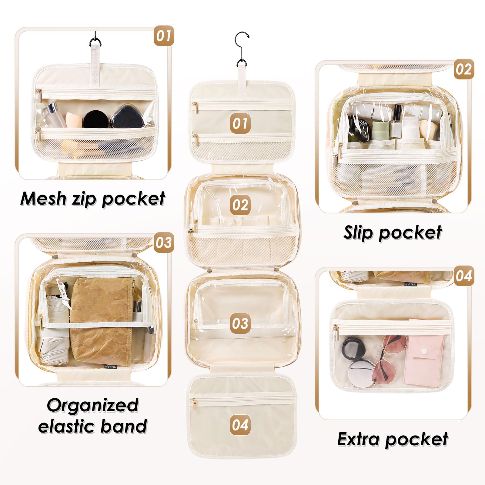 MDODO Neceser de Viaje para Maquillaje de Mujer, Organizador Colgante de Maquillaje Cosmético Bolsa de Maquillaje Negra, Beige, Estilo