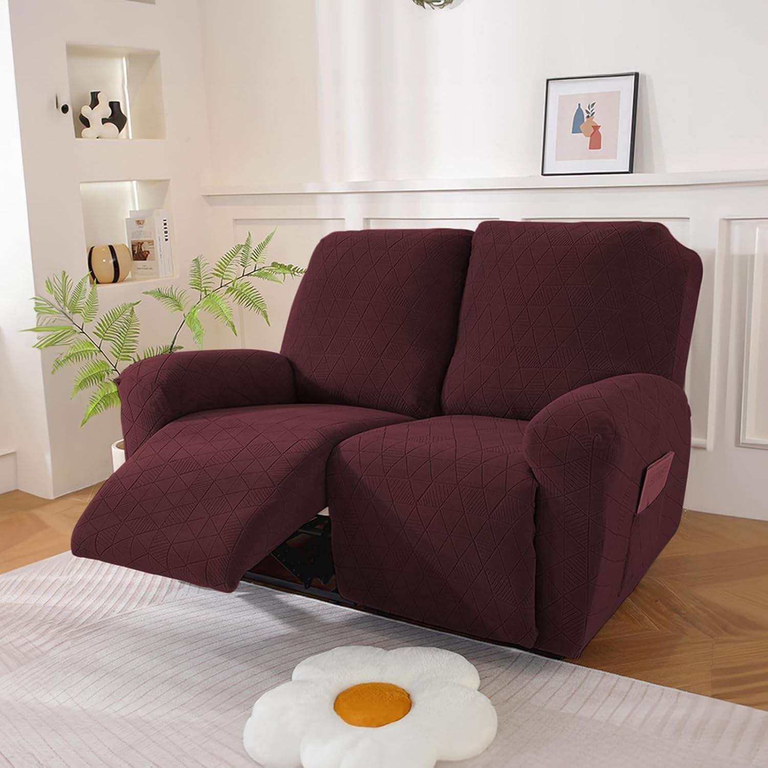 NORTHERN BROTHERS Recliner Chair Covers, Recliner Cover, Recliner Covers That Stay in Place, Recliner Covers, Reclining Couch Covers (6 Pieces, 2 seat, Wine Red)