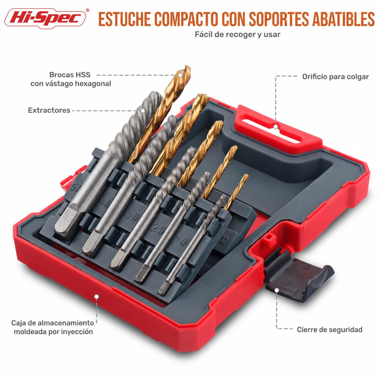 Hi-Spec Juego de Extractores de Tornillos y Brocas HSS de 10 Piezas. Fácil Extracción, Remover con Espiral de Rosca Izquierda para Tornillos, Pernos y Pernos Dañados, Rotos o Desgastados