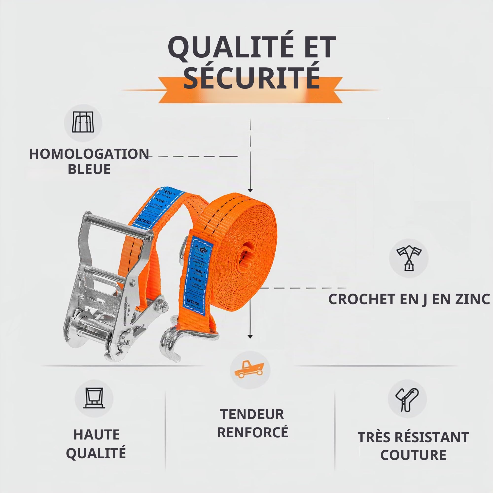 INTAKO Sangle à Cliquet 4m/6m avec Crochet - 2000kg x 35mm - Sangles d'arrimage sécurisés pour Remorque, Quad, Moto - Conforme à la Norme DIN en 12195-2 (Orange, 4m (Lot de 2))