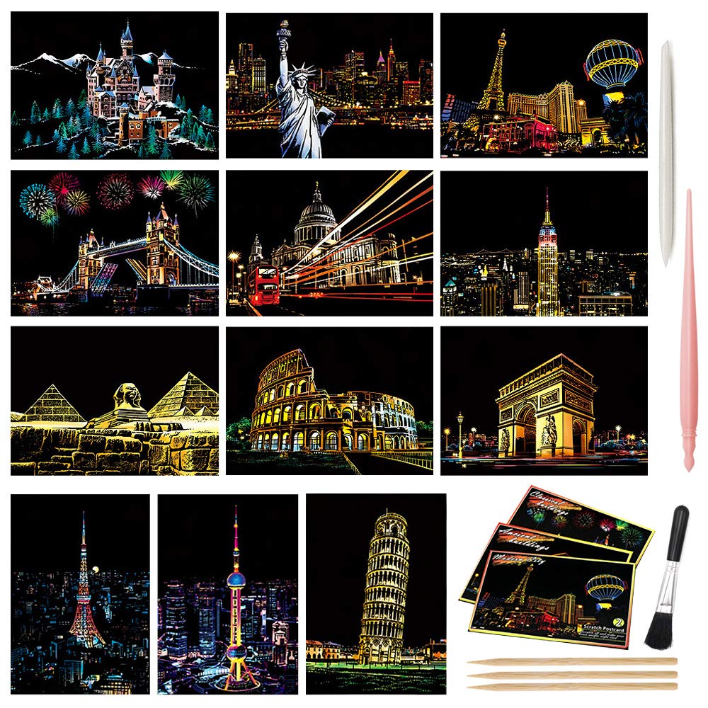 Scratch Art Paper, Rainbow Night View Scratchboard Pads for Adults and Kids, Mini Envelope Postcard Art &amp; Crafts Set: 12 Sheets Scratch Cards &amp; Scratch Drawing Pen, Brush 7.9"x5.5" (Building Series)