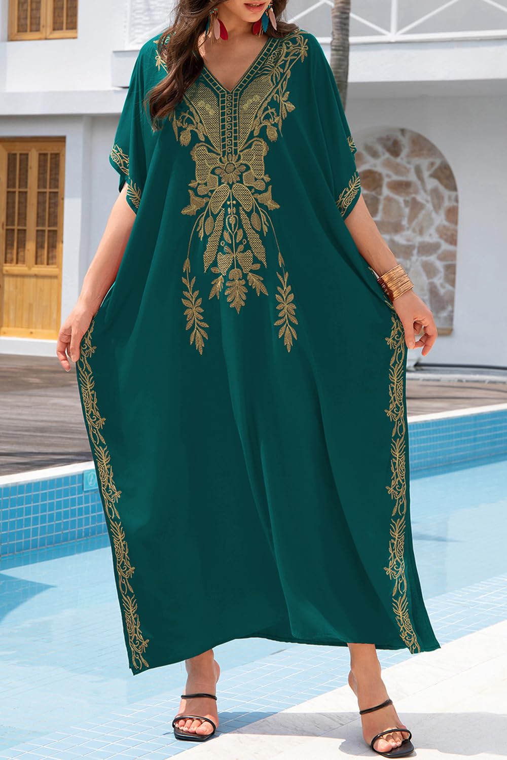 LikeJump Damskie stroje kąpielowe z haftem kwiatowym w stylu boho, kaftan, okrycie bikini, letnia sukienka plażowa