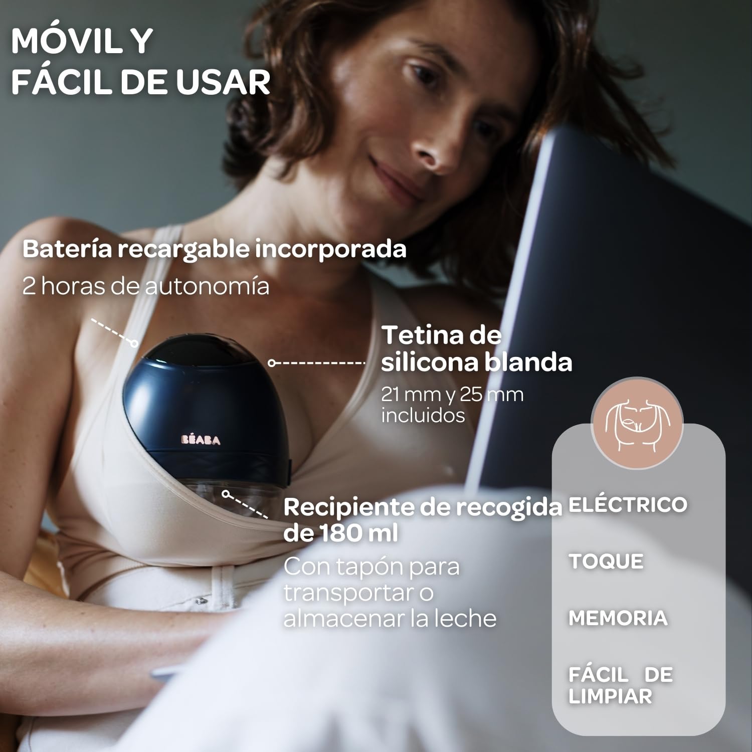 BÉABA, Sacaleche Eléctrico Manos Libres, Ligero, Compacto, 3 Modos, 9 Niveles, 0 Ondas, Silencioso, Gran Capacidad 180mL, Temporizador, Función Memoria, 6 Sesiones, Carga USB C, Azul Noche