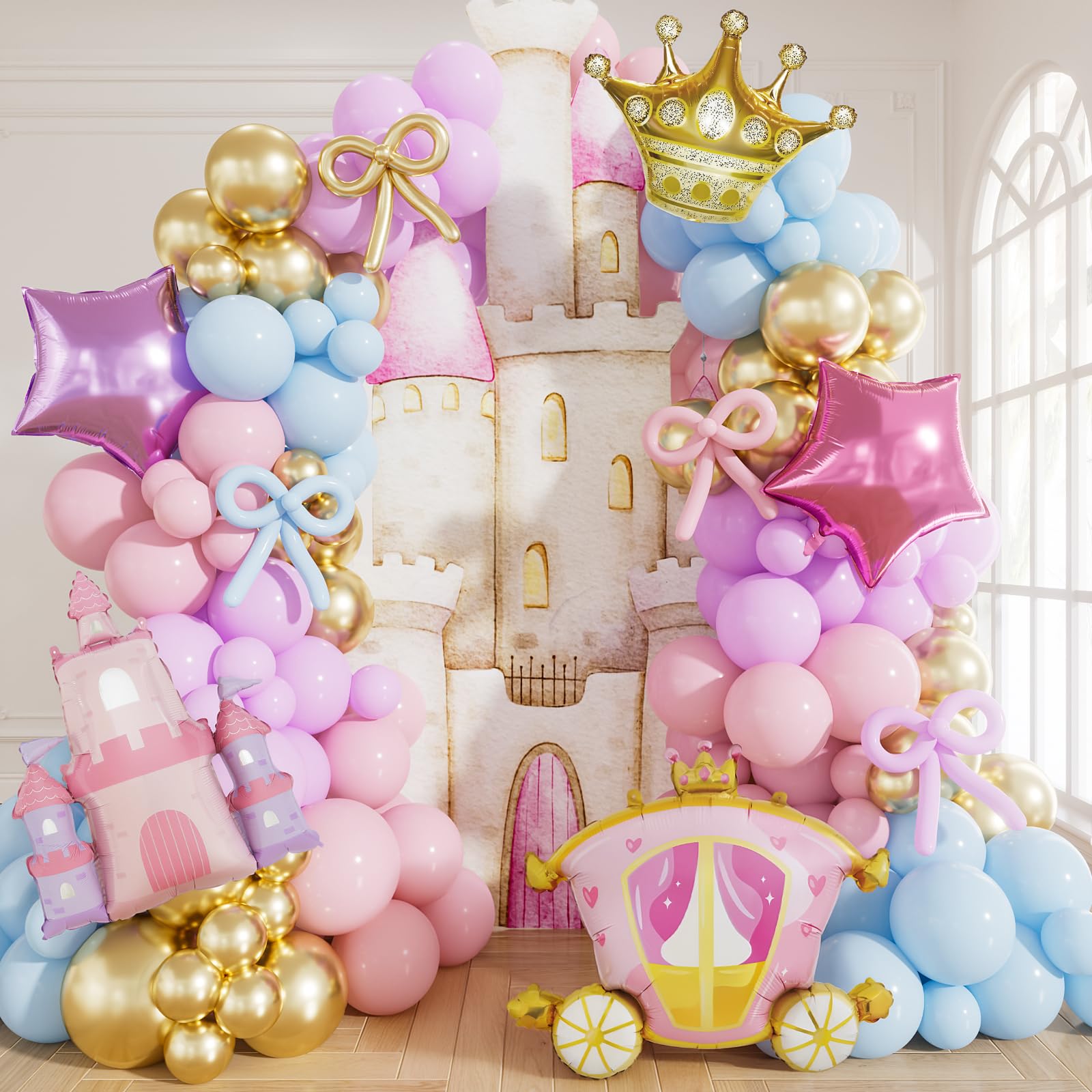 Adeyoo Princess Balloon Arch Kit Garland - Pink and Purple Balloon Arch Kit with Castle Carriage Crown Foil Balloons, Shiny Princess Balloons for Girls Women Birthday Fairytales Party Decortions