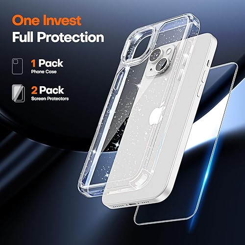 Miniatura 3 de TAURI Funda 5 en 1 con purpurina para iPhone 14, no amarilla con 2 protectores de pantalla + 2 protectores de lente de cámara, protección contra