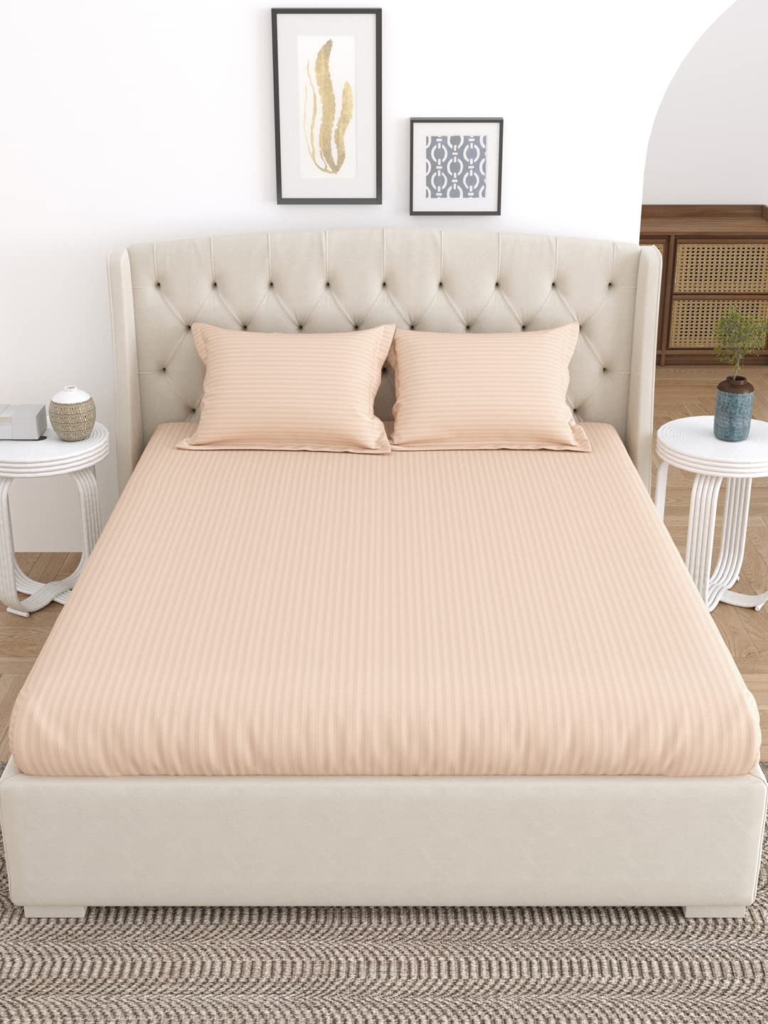 LINENWALAS 100% Cotton Linen Striped Bedsheet for Double Bed Size Bedding with Pillow Cover for Bedroom, Soft Smooth Hotel Quality Flat Sheets with Pillowcase for Summer (90" x 100", Beige)