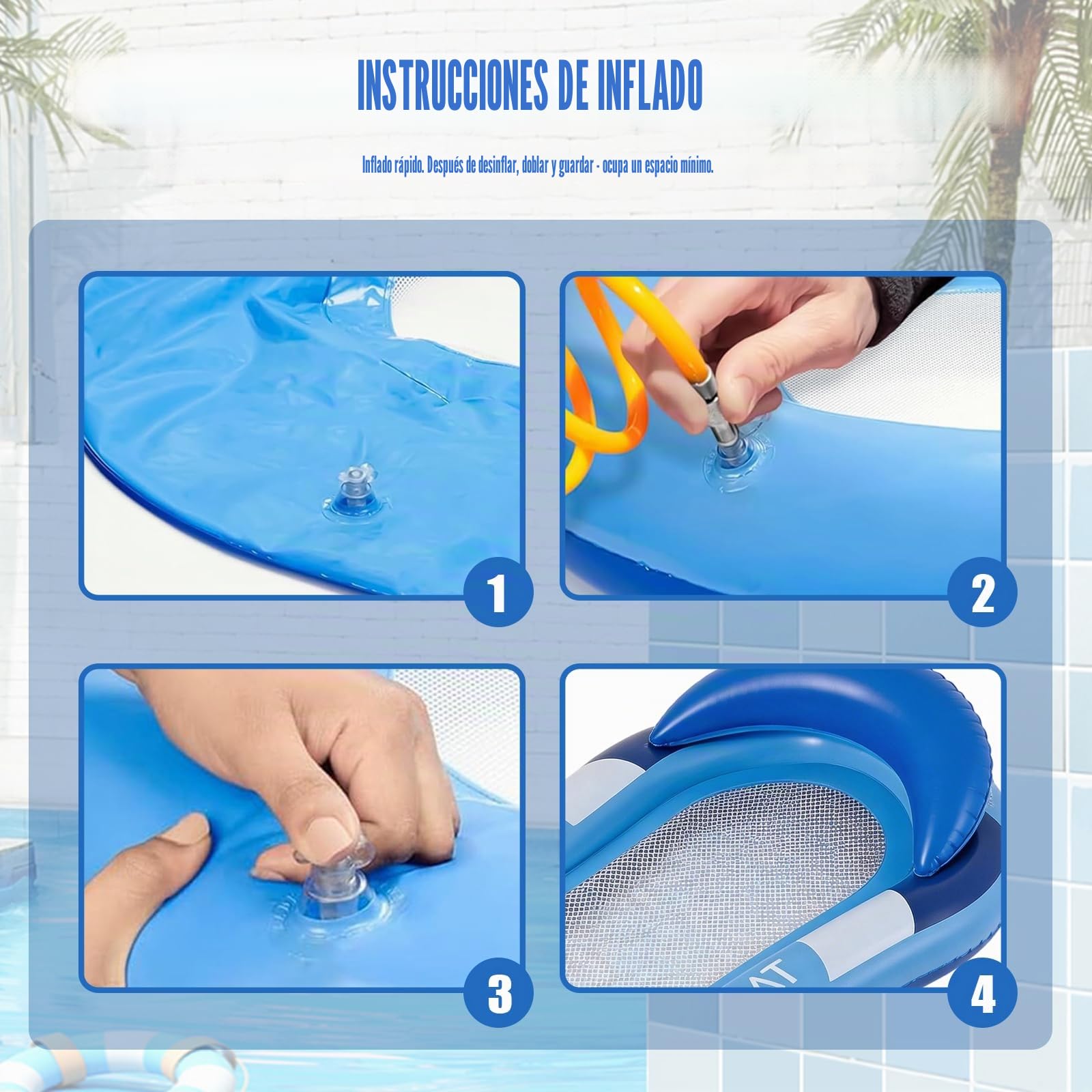 Hamaca de agua con red – Tumbona hinchable con reposacabezas, colchón de aire para piscina para adultos, 150 x 70 cm, tumbona para piscina para adultos, para piscina, lago y playa, accesorios de