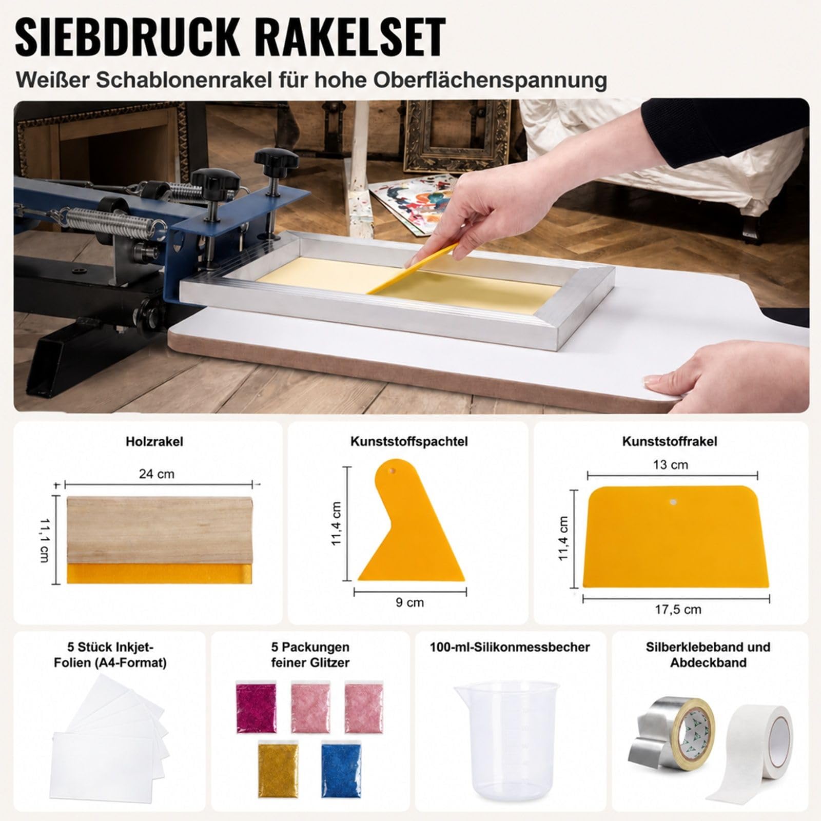 Siebdruck-Set mit 3 Aluminium-Siebdruckrahmen, 110 Mesh, Rakeln und transparenten Folien für T-Shirts