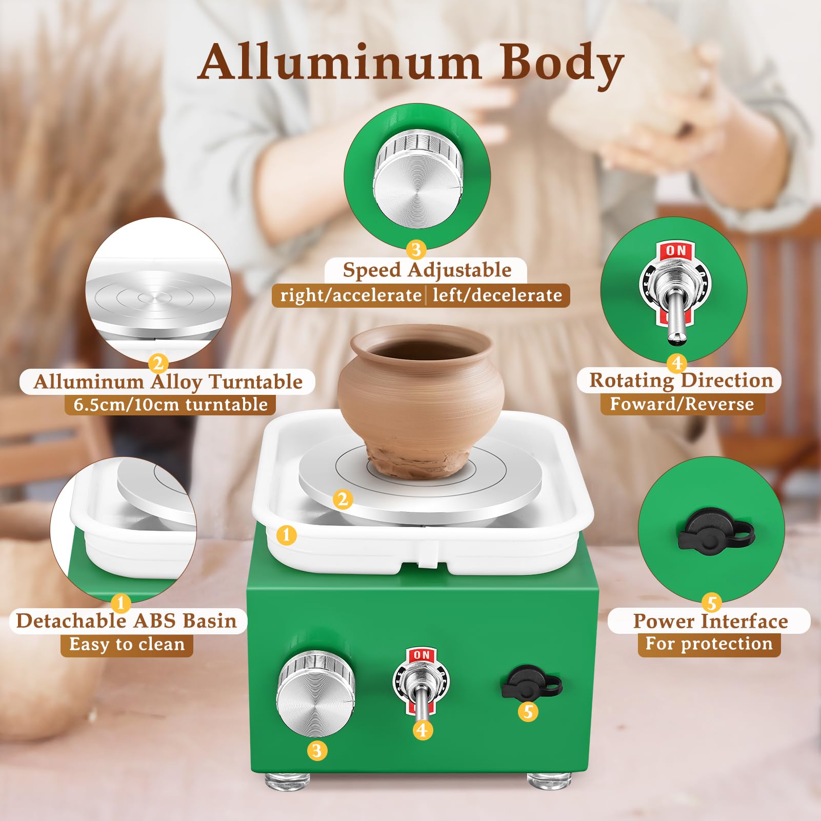 Torno Alfarero, Kooeuru Torno Ceramica 2000RPM Velocidad Ajustable con Placas de 10/6,5 cm, Herramientas de Modelado y Cuenco Extraíble, Torno Alfarero Niños y Adultos (Verde)