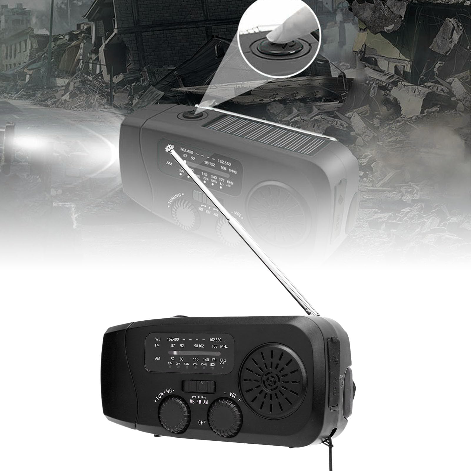 Radio de CigüeñAl de Mano Solar de 2000 MAh Am FM WB Radio de Alerta Meteorológica de Emergencia con 3 Métodos de Carga, IPX3, Luz LED para Acampar de Senderismo Al Aire Libre