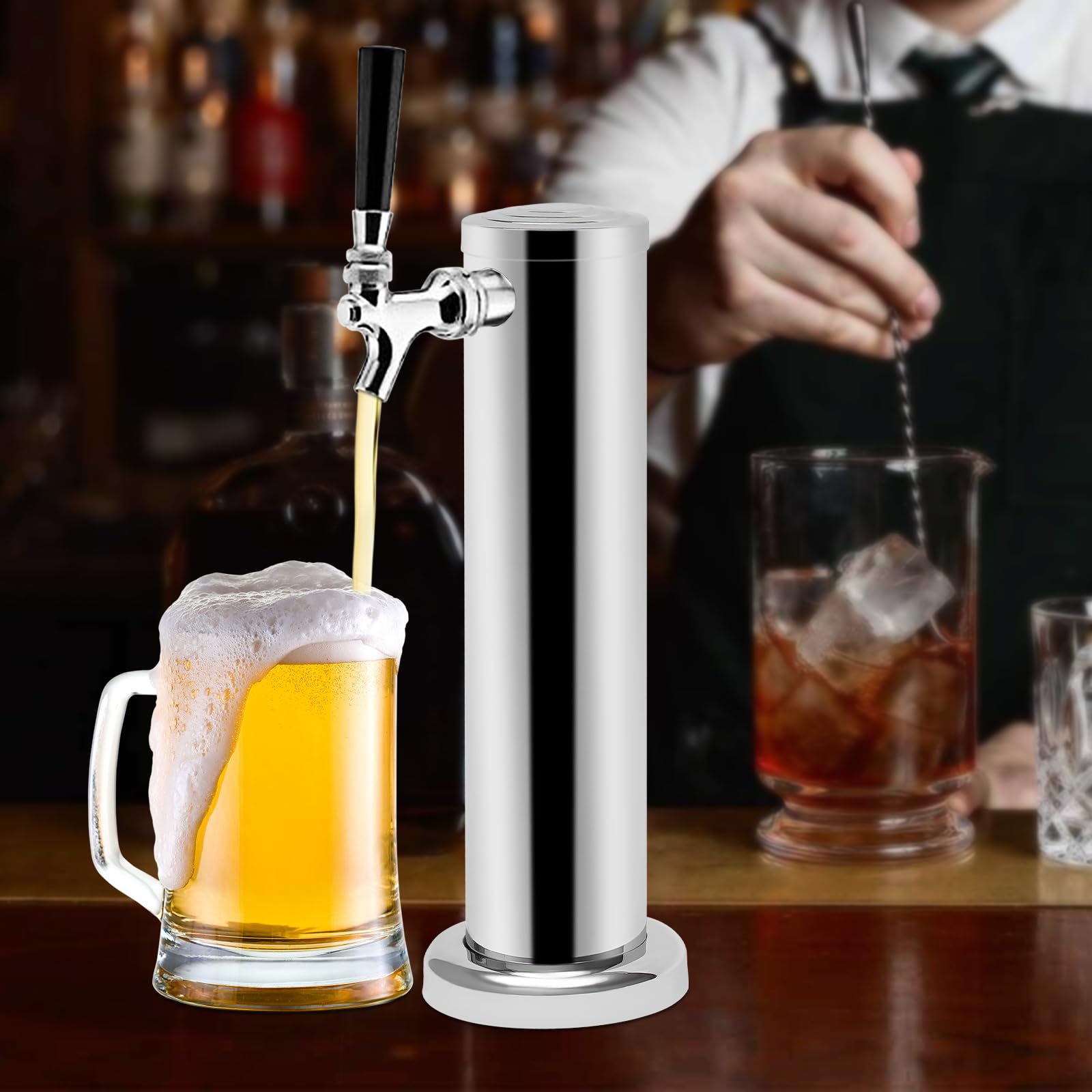 Distributore di Birra, Tira Birra Casalingo, Bar Portatile, Colonna in Acciaio Inox con Rubinetto Singolo, Dispensazione di Vino, Bevande, Feste, Ristoranti, 33x7,6cm