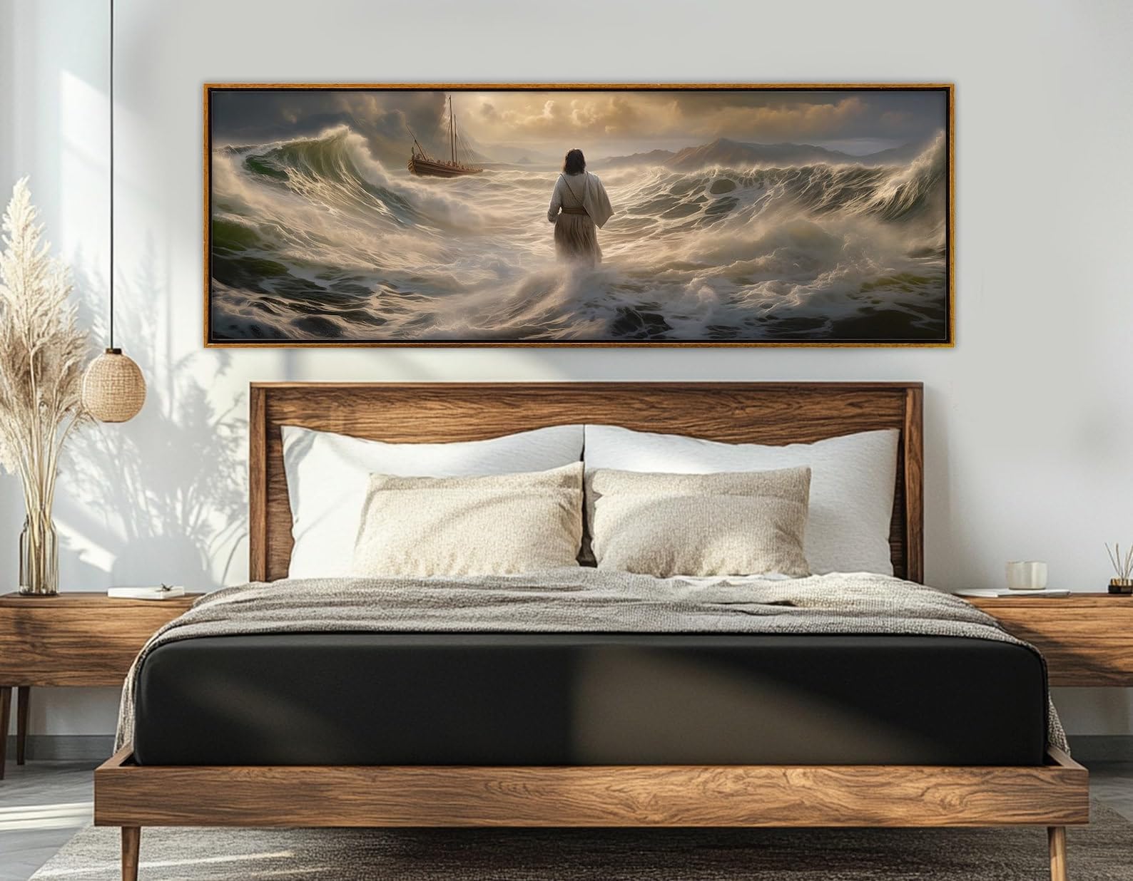 CAOXTART Jesus Walking on Water obraz na płótnie, religijny mural, wydruki plakatowe z Jezusem, religijne płótno ścienne na płótnie, gotowy do powieszenia (55 x 165 cm)