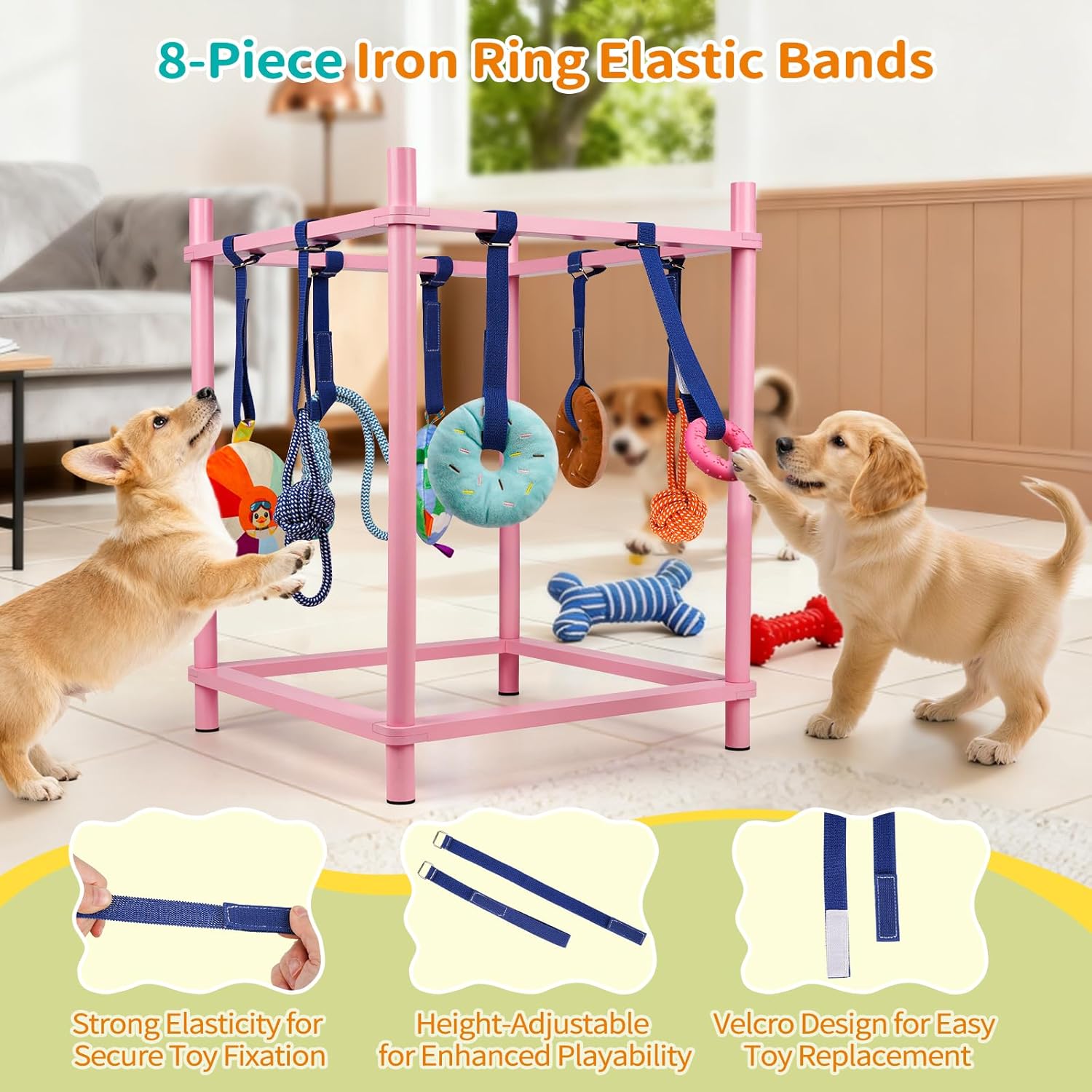 Wooden Puppy Play Gym for Small Dogs, Puppy Jungle Gym with 8 Hanging Toys, Wood Frame Indoor Puppy Gym with Dog Enrichment Toys for Puppies and Small Pets (Pink)