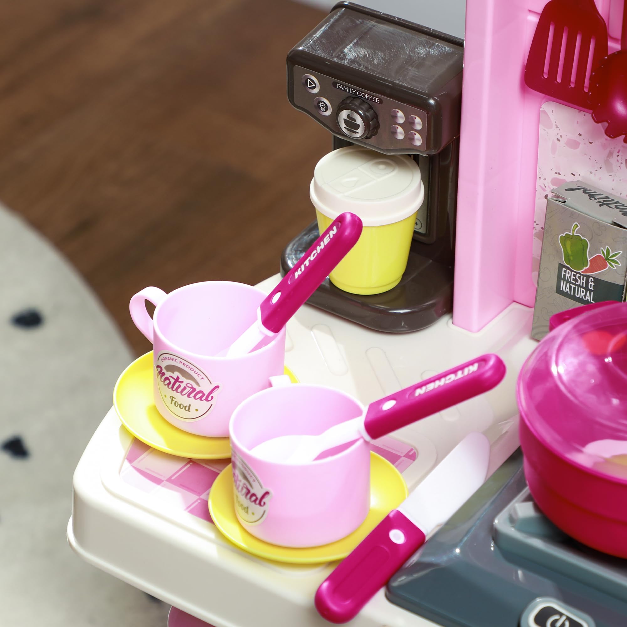 AIYAPLAY Cucina Giocattolo per Bambini da 33 Pezzi con Luci, Suoni e Rubinetto, Gioco per Bambini in PP e ABS, 53x22x69 cm, Rosa