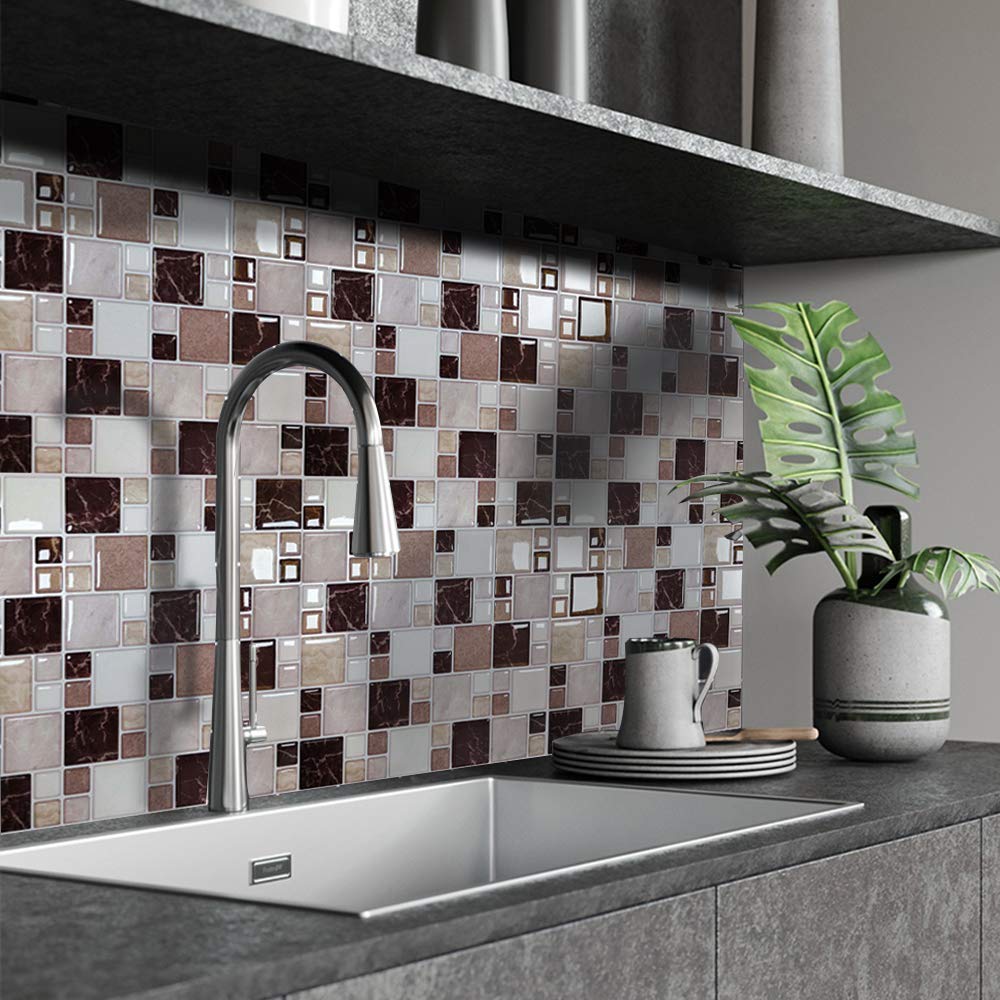 SHINEONE 10"×10" Peel and Stick Wallpaper, Heat and Water Proof 3D Wall Tiles Sticker for Kitchen Backsplash Bathroom, Self Adhesive Removeable Stick Decorative, Marble Design, 5 Sheets, Red