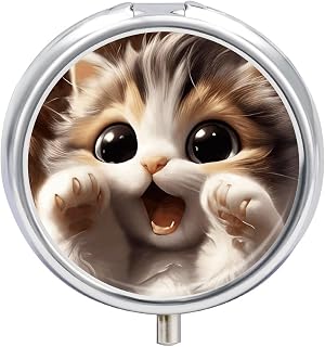 Cute Calico Cat 3 Compartments Pill Box with Mirror for Pocket | Small Portable Travel Pill Case for Purse, Round Metal Medicine Container, Organizer for Supplement, Vitamins, Fish Oil