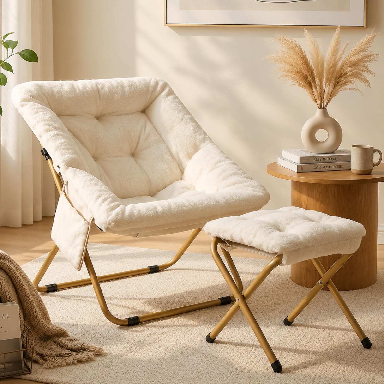 Clevich Saucer Chair with Ottoman 72x76x78cm, Folding Moon Chair Faux Fur — image 1