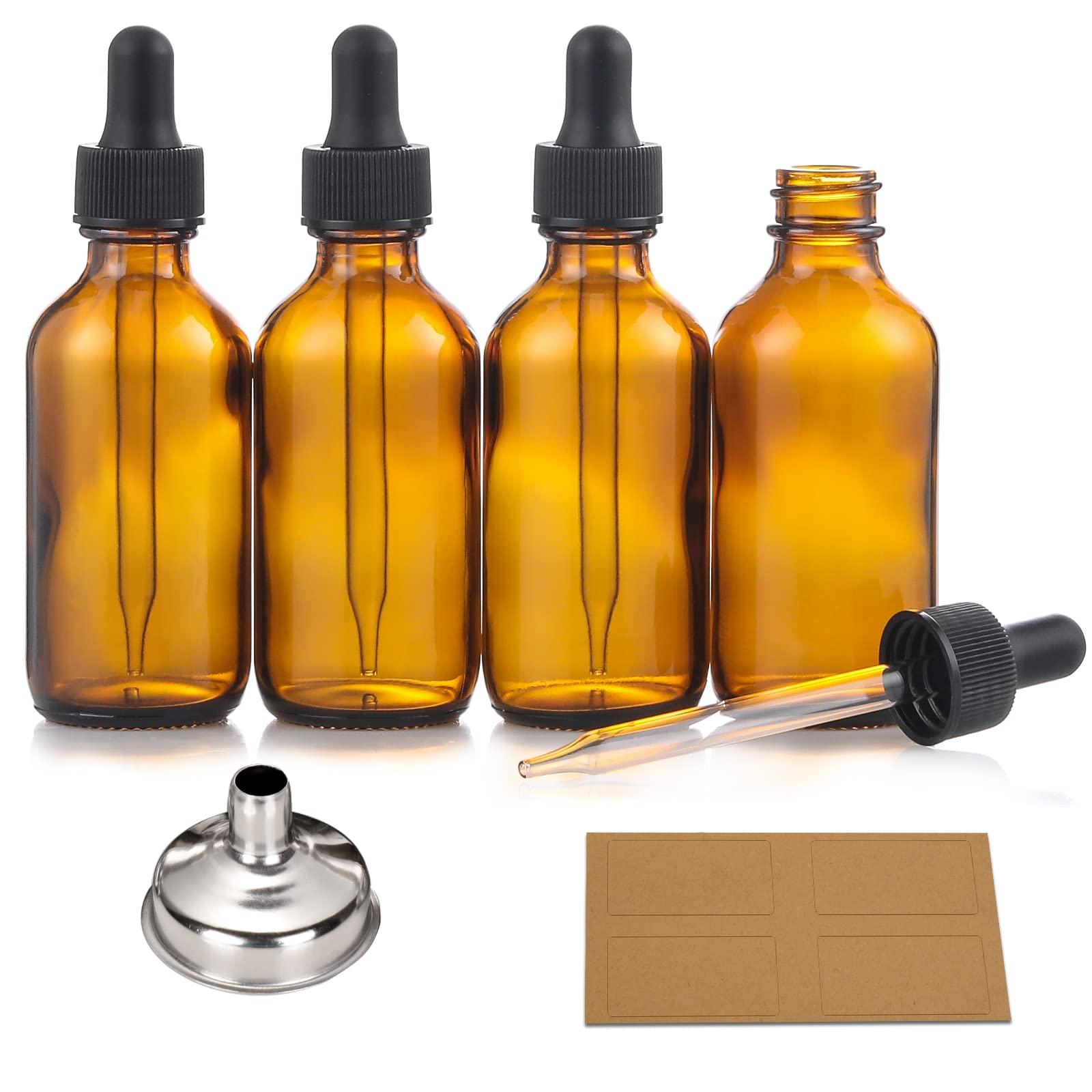 4 pack 2 oz bottles with dropper amp 1 funnel amp 4 labels - essential oils bottles for health personal care amp beauty - 60ml thick dark amber glass tincture bottles refillable cosmetic containers