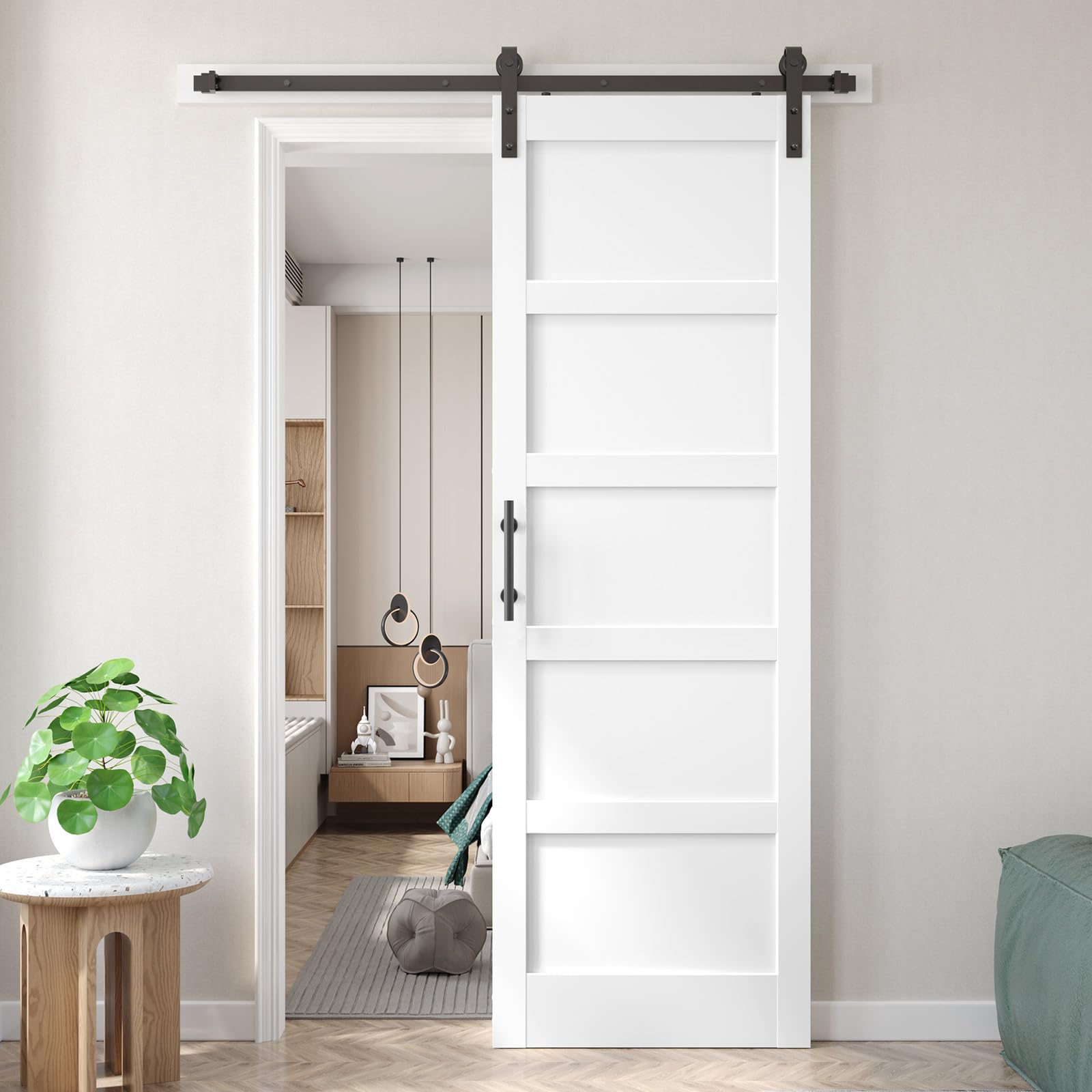 Photo 1 of Fredbeck 32x96 inch White Barn Door with 5.5FT Sliding Door Hardware Kit Included & Handle,Solid,MDF,PVC Surface,DIY Assembly,5-Panel