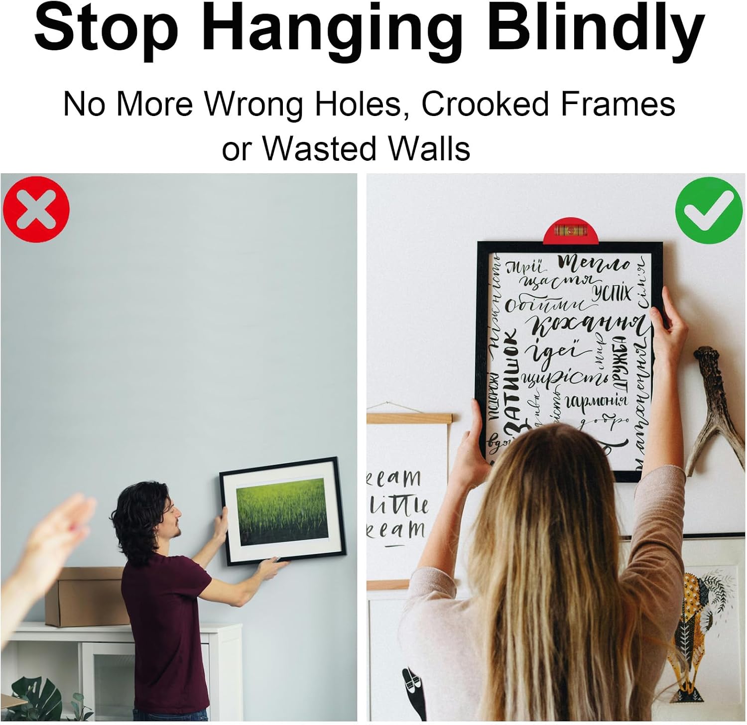 Picture Hanging Tool Kit with Level & Marking Nail | Precise Wall Hanging Positioning Tool for Picture Frames, Gallery Walls - Foldable 3-in-1 Positioning Ruler for Large Frames