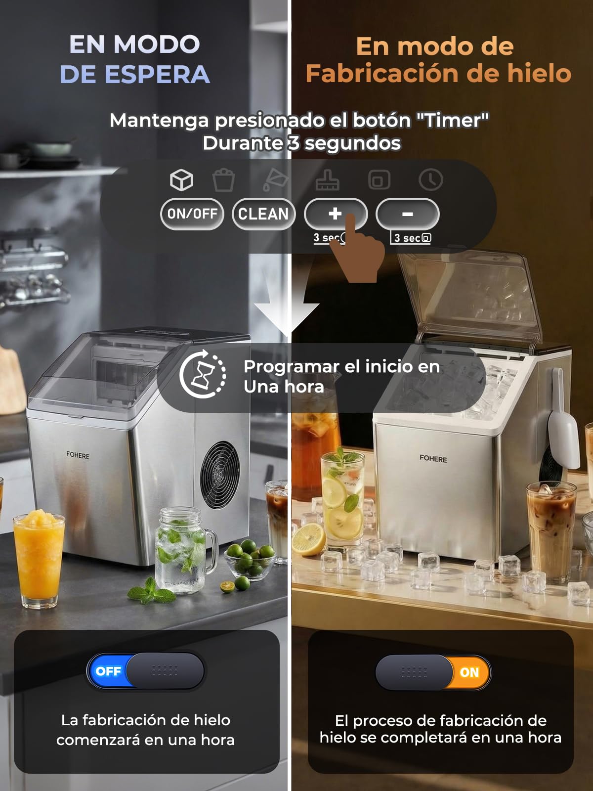 FOHERE Máquina de Hielo de Acero Inoxidable, 24kg/24h, 24 Cubitos en 10-15 Min, Tanque 3,2L con Temporizador, Autolimpieza & Descongelación, Doble Sistema de Llenado, Hostelería & Hogar