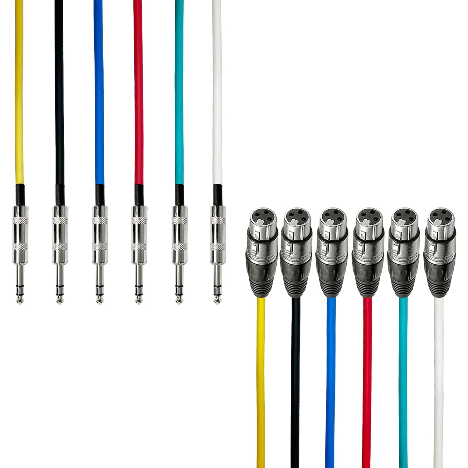 AxcessAbles XLR Female to 1/4" TRS Balanced 15ft Speaker Color Cable Pack | Balanced Speaker, Microphone Snake Cords (15ft - 6 Pack)