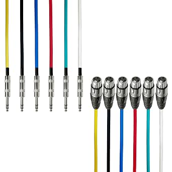 AxcessAbles XLR Female to 1/4" TRS Balanced 6ft Speaker Color Cable Pack | Balanced Speaker, Microphone Snake Cords 6ft - 6 Pack